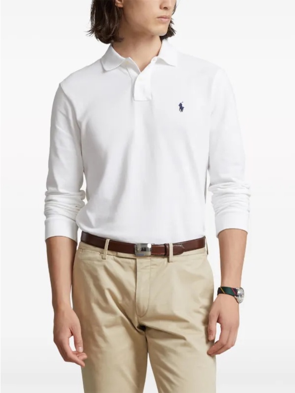 Polo by Ralph Lauren White Long-Sleeve Pique Polo with Navy Pony